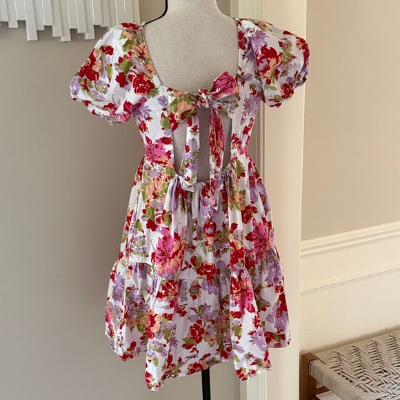 Jessica Simpson Floral Puff Sleeve Mini Dress Open Back Bow Cottagecore Size M - Picture 4 of 5